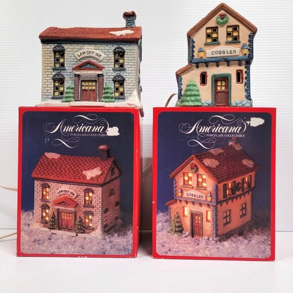 Americana Santa's Best Christmas Village Law Office Cobbler Set 2 Lighted 1991 - Picture 1 of 5